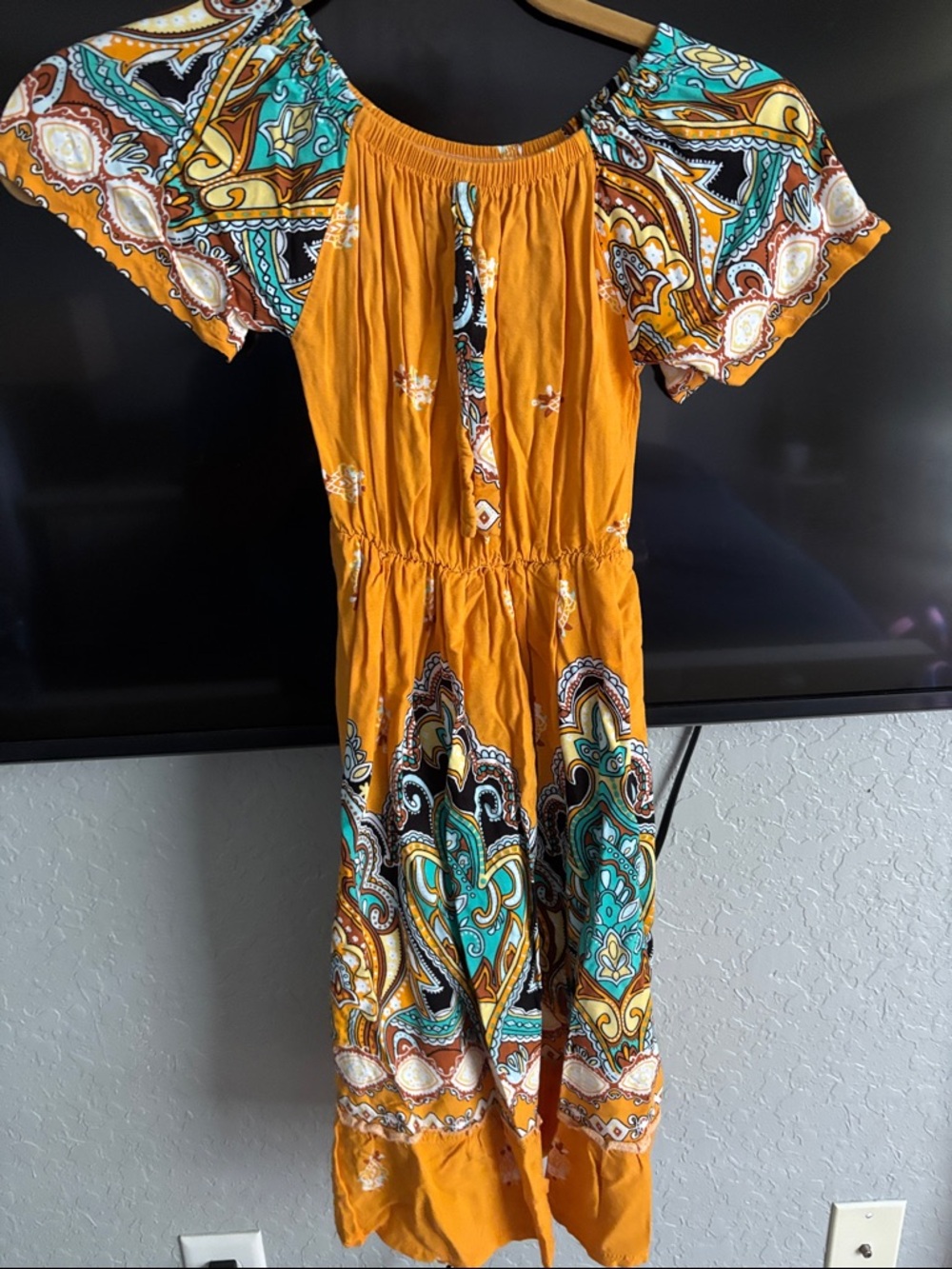 Mustard Paisley Midi Dress with Puff Sleeves